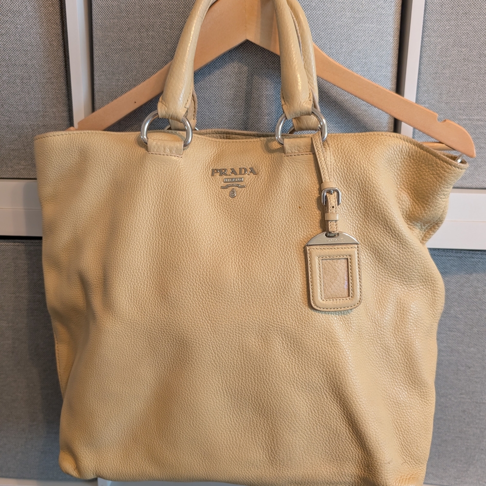 PRADA Beige Large Tote Bag Pebbled Leather Silver Hardware + Crossbody Strap